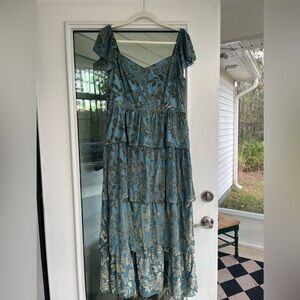 Bohme XL Blue Gold Floral Smocked Tiered Maxi Dress NWOT Boutique